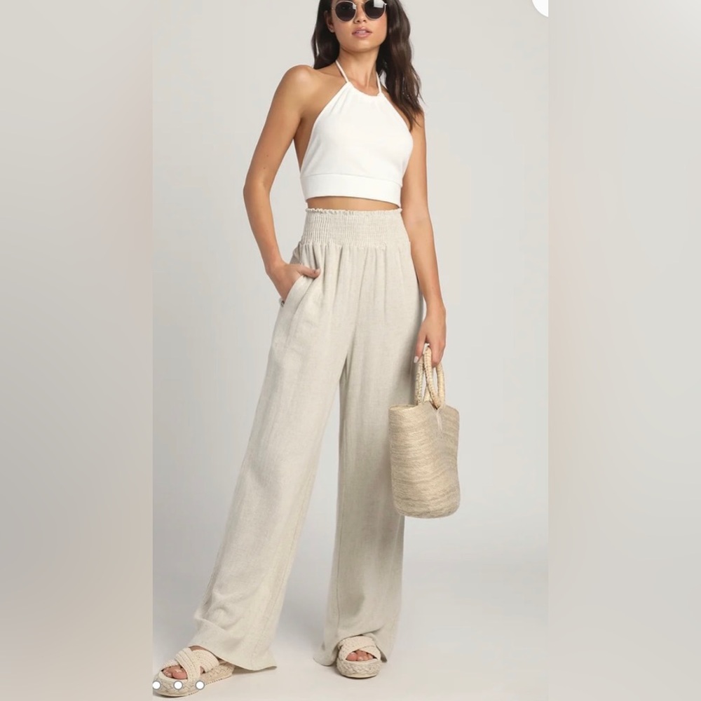 Lulus Hit The Breeze Beige Smocked Wide Leg Pants Size Small. NEW without tags